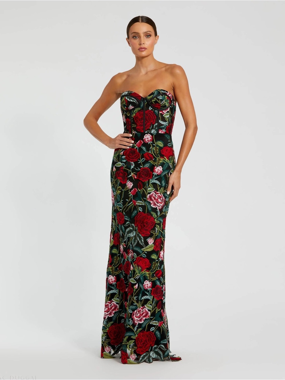 Mac Duggal 20757 Black Sheer Bustier Top Floral Applique Gown Size 2 NWOT